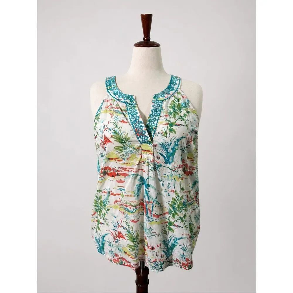 Sigrid Olsen XL Tropical Print Tank Top 100% Cotton Embroidered Boho Summer